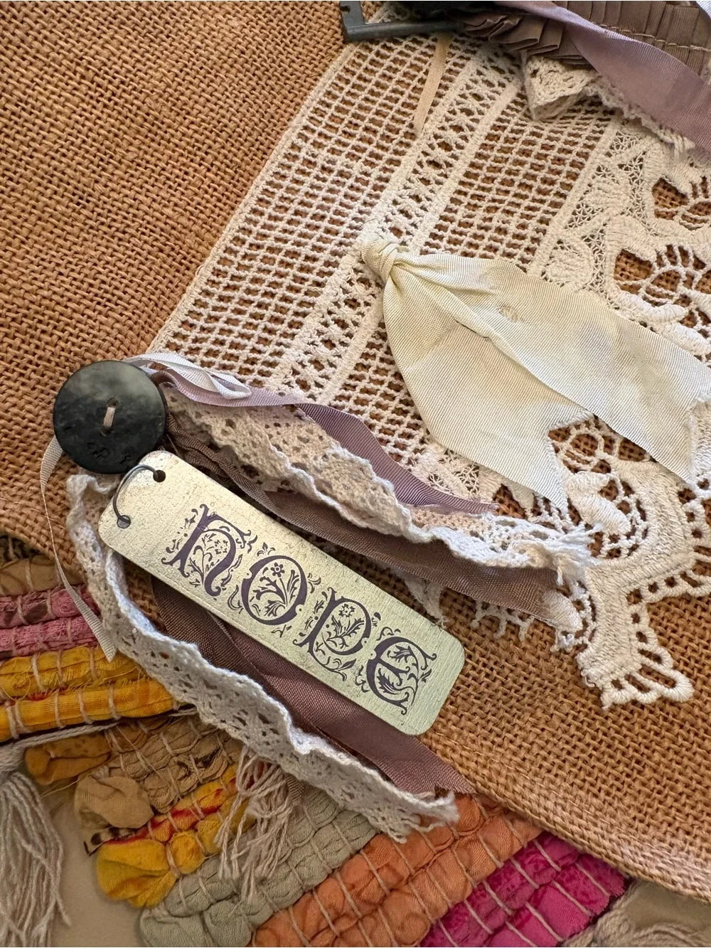 Boho Burlap Decorative Pillow with Lace Trim and Tassels - Neutral